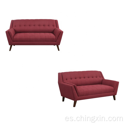 Sala de estar Sofá de ocio de tela roja de dos asientos con patas de madera maciza